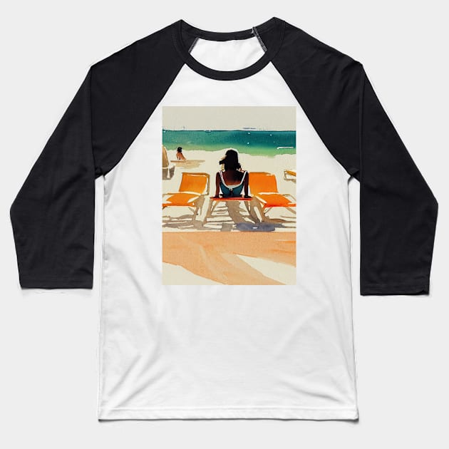 Sunbathing woman at the beach Baseball T-Shirt by fistikci